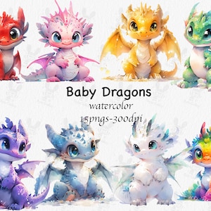 Aquarell bunte Fantasy Drachen Clipart - Regenbogen PNG digitale Bild-Downloads für die Kartenherstellung, Scrapbook, Junk Journal, Papierhandwerk