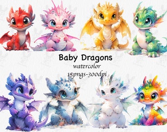 Clipart di drago bambino acquerello: immagini PNG arcobaleno (download digitale)
