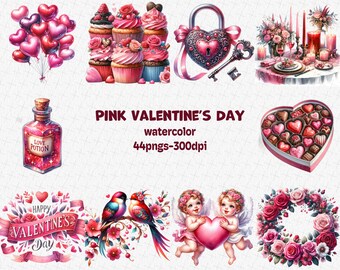 May include: Pink Valentine's Day watercolor clipart set with 44 images. Includes hearts, cupcakes, a love potion bottle, a lock and key, a box of chocolates, angels, birds, and floral wreaths.