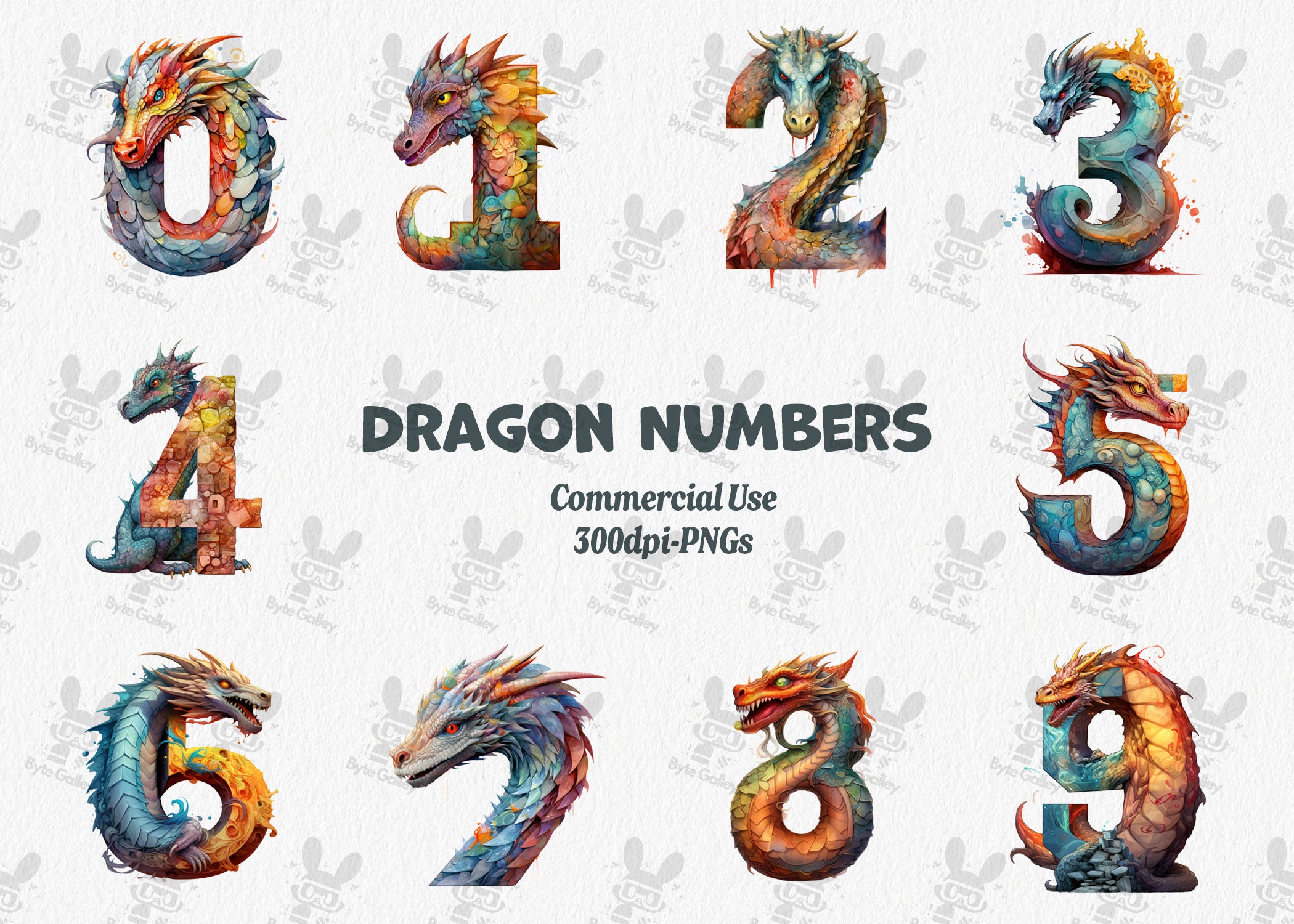 Watercolor Dragon Numbers Clipart: PNG Graphics, Commercial Use ...