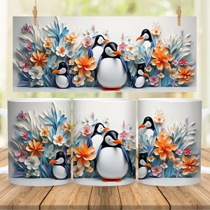 3D ペンギン マグ ラップ png、3D クリスマス マグ ラップ png、動物マグ ラップ、11 オンスおよび 15 オンス マグ テンプレート、春のマグ ラップ、母の日マグ ラップ