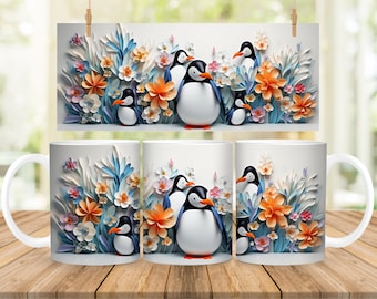 3D Penguin Mug Wrap: Floral Animal Design (PNG Digital Download)