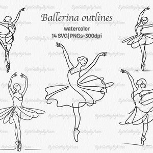 Könnte beinhalten: Fünf Schwarzweiß-Linienzeichnungen von Ballerinas in verschiedenen Posen. Die Ballerinas sind im Stil einer einzigen Linie gezeichnet, mit ausgestreckten Armen und Beinen. Die Zeichnungen sind vor einem weißen Hintergrund angeordnet.
