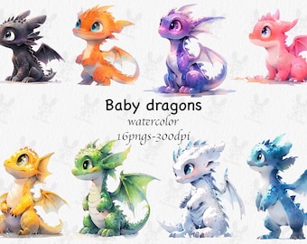 Könnte beinhalten: Ein Set mit acht Aquarell-Illustrationen von Baby-Drachen in verschiedenen Farben, darunter Schwarz, Orange, Lila, Rosa, Gelb, Grün, Weiß und Blau. Die Illustrationen sind im Cartoon-Stil gehalten und eignen sich perfekt für den Einsatz in digitalen oder gedruckten Projekten.