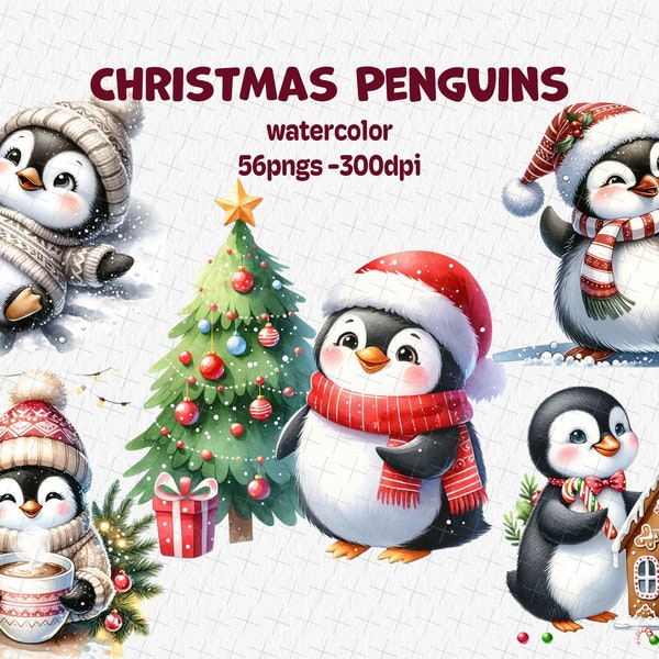 Watercolor Christmas Penguin clipart, 56 high quality PNG files, winter holidays, xmas illustrations, printable images, festive clip art
