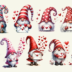 May include: Nine gnomes with red and white hats holding white envelopes with red hearts on them. The gnomes are surrounded by red hearts.