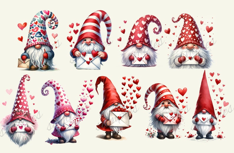 May include: Nine gnomes with red and white hats holding white envelopes with red hearts on them. The gnomes are surrounded by red hearts.