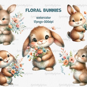 Aquarel bloemen konijntjes collectie clipart, 17 PNG kwekerij lente clipart, lente konijntjes clipart, schattige Bunny clipart, commercieel gebruik