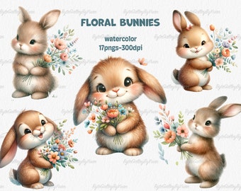 Watercolor Bunny Clipart: Floral Spring Nursery PNG (Commercial Use)
