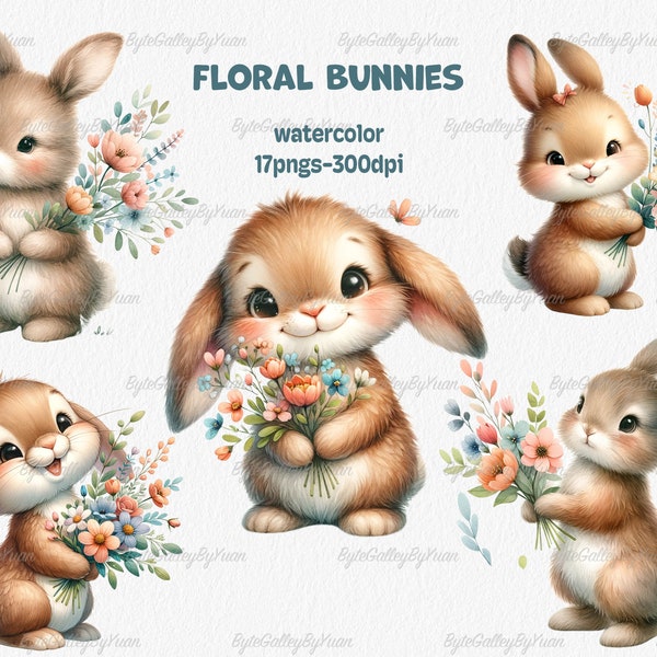 Watercolor Floral Bunnies Collection Clipart, 17 PNG Nursery Spring Clipart, Spring Bunnies Clipart, Cute Bunny Clipart, Commercial Use