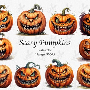 Watercolor Scary Pumpkin Clipart: Jackolantern PNG Bundle (Commercial Use)