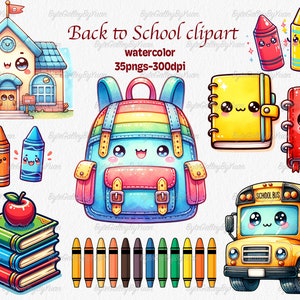 以下が含まれることがあります： 学校、リュックサック、クレヨン、鉛筆、本、リンゴ、スクールバスを描いた水彩のクリップアートイラストのセットです。すべてのアイテムは、かわいい漫画の顔をしています。