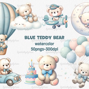 Watercolor Teddy bear clipart for boy, Watercolor baby shower clipart, blue Teddy bear clipart, vintage teddy bear, cute teddy clipart