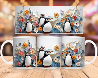 3D Penguin Mug Wrap: Winter Floral Design (PNG Digital Download)