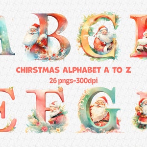 Alphabet de Noël aquarelle, lettres Png, Alphabet Png, Père Noël png, Lettres décoratives, Alphabet Sublimation, Lettres de Noël