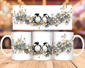 3D Penguin Floral Mug Wrap: 11oz & 15oz Template (PNG)