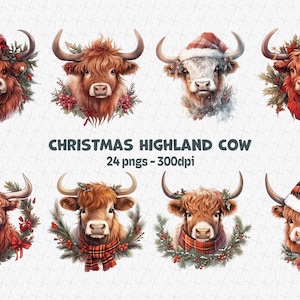 Akwarela Boże Narodzenie highland krowa Clipart, grafika świąteczna tradycja, sztuka krowy do rzemiosła i dekoracji bożonarodzeniowych | Pakiet PNG | Pliki sublimacji