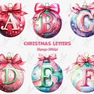 Alphabet de Noël aquarelle, lettres Png, Alphabet Png, Boule de Noël png, Lettres décoratives, Sublimation Alphabet, Ornements de Noël