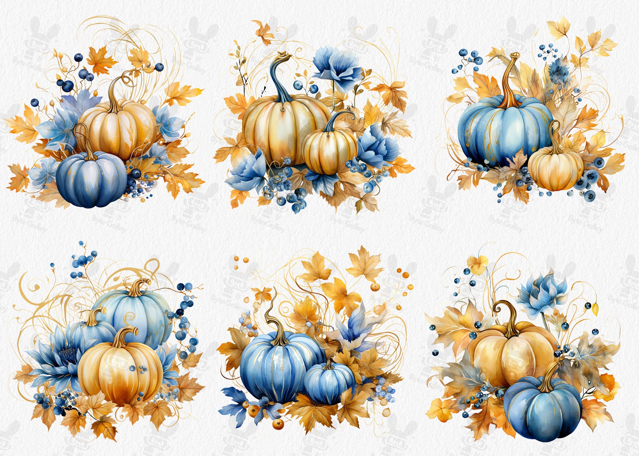 Blue and Gold Pumpkin Clipart Bundle: Floral Fall Graphics (commercial ...