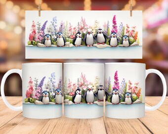 3D Penguin Floral Mug Wrap: 11oz & 15oz Template (PNG Digital Download)