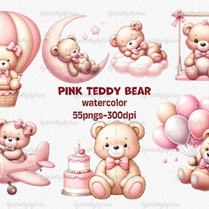 Aquarel teddybeer clipart voor meisje, aquarel baby shower clipart, blauwe teddybeer clipart, vintage teddybeer, schattige teddy clipart