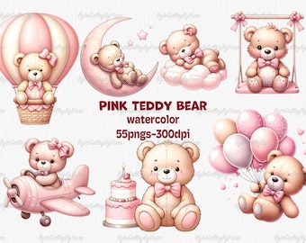 Watercolor Teddy Bear Clipart: Baby Shower PNG Bundle (55 Files)