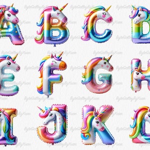 Eenhoorn folieballon alfabet A tot Z en cijfers 0 tot en met 9, eenhoorn clipart, decoratieve letters, alfabet clipart, sublimatie png, clipart bundel