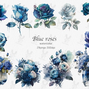 Blaue Aquarell Rosen Clipart - blaue Rosen im PNG-Format-sofort-Download für kommerzielle Nutzung, Kartenherstellung, Scrapbooking, Junk-Journal