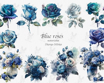 Blue Watercolor Roses Clipart - blue roses in PNG format instant download for commercial use, Card making, Scrapbooking, Junk journal