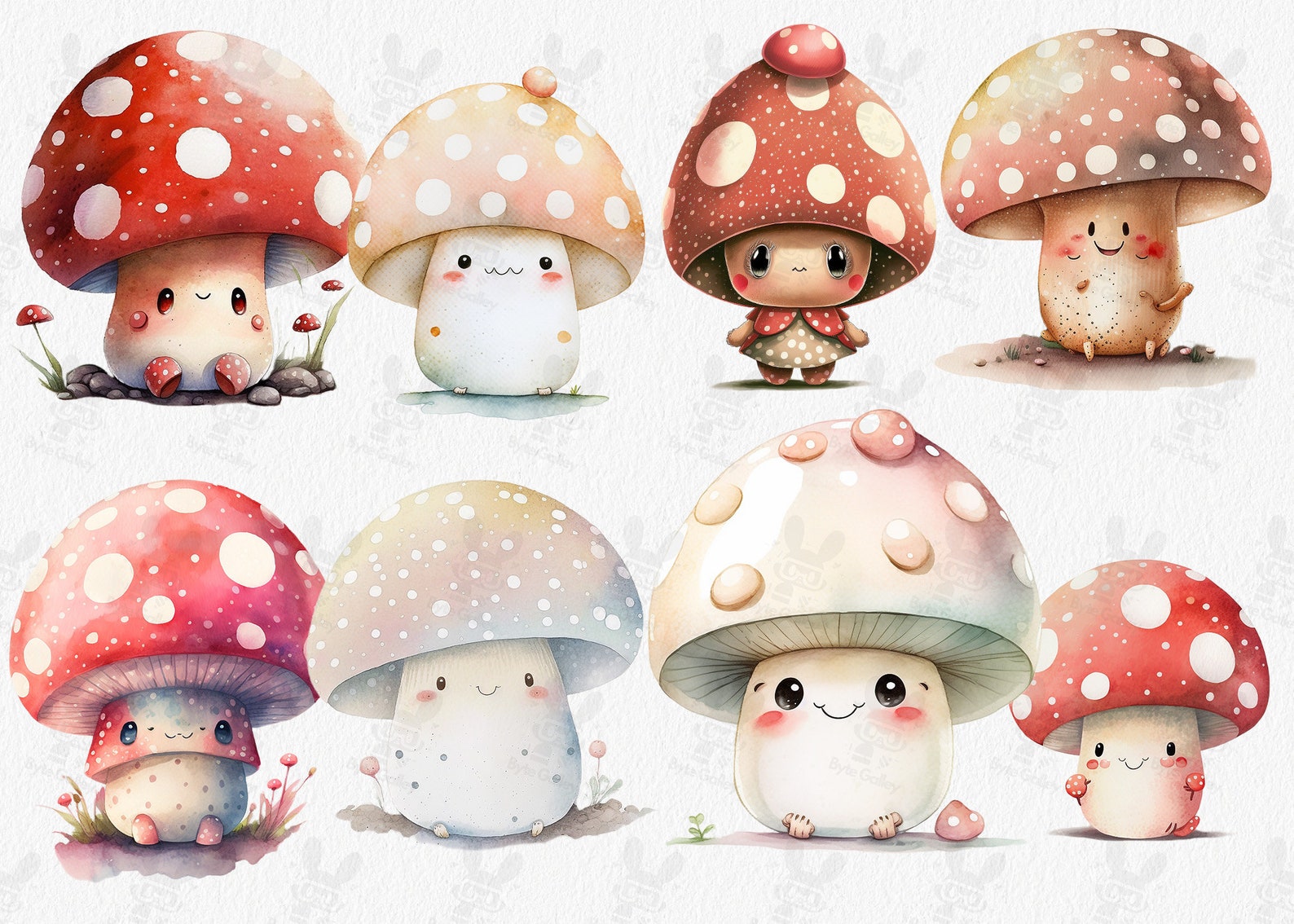 Cute Watercolor Kawaii Mushroom Clipart Bundle for Commercial Use ...