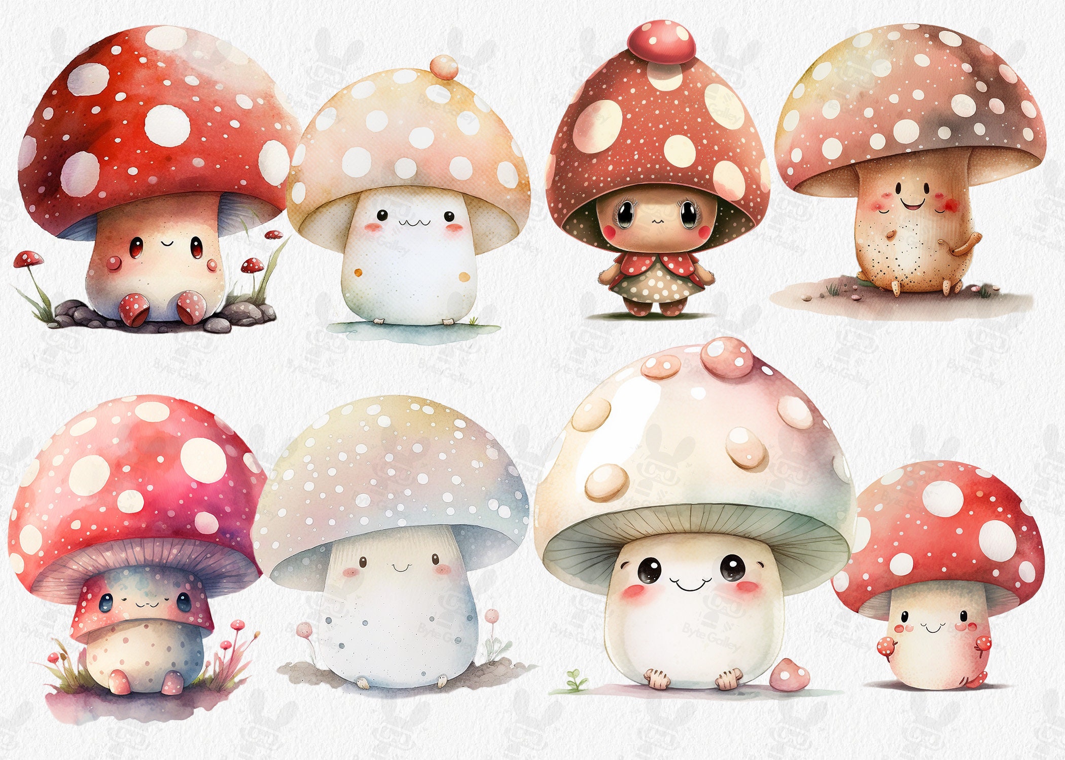 Cute Watercolor Kawaii Mushroom Clipart Bundle for Commercial Use ...