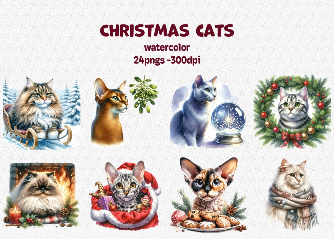 Watercolor Christmas Cat Clipart: 24 PNG Holiday Illustrations (digital ...
