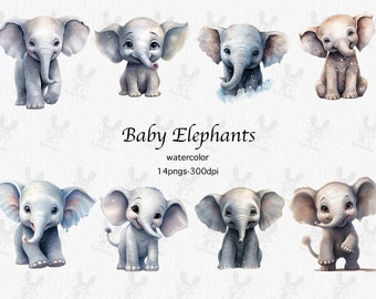 Aquarell Baby Elefant Clipart Set: Safari Tiere (PNG, Kommerzielle Nutzung)