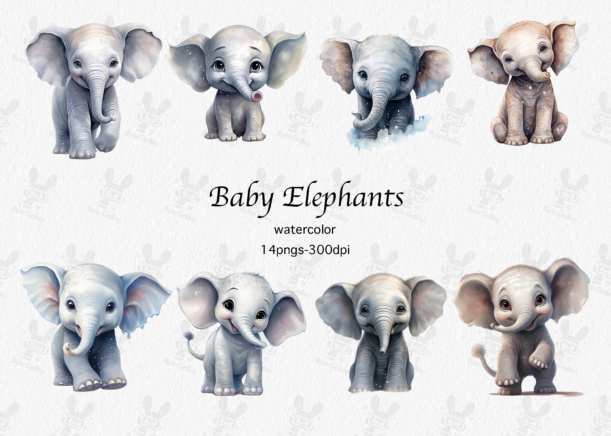 Watercolor Baby Elephant Clipart Set: Nursery Safari Animals (PNG ...