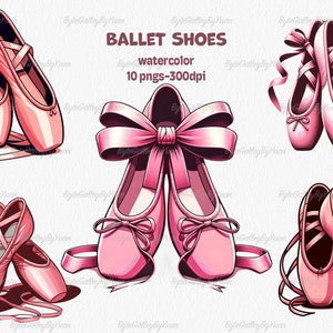Watercolor Pink Ballet Shoes Clipart, 10 high quality png, Ballerina clipart, Ballerina png, Ballet Slipper PNG, Commercial Use, Ballet Flat