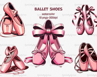 Watercolor Pink Ballet Shoes Clipart: Ballerina PNG Bundle (Digital Download)