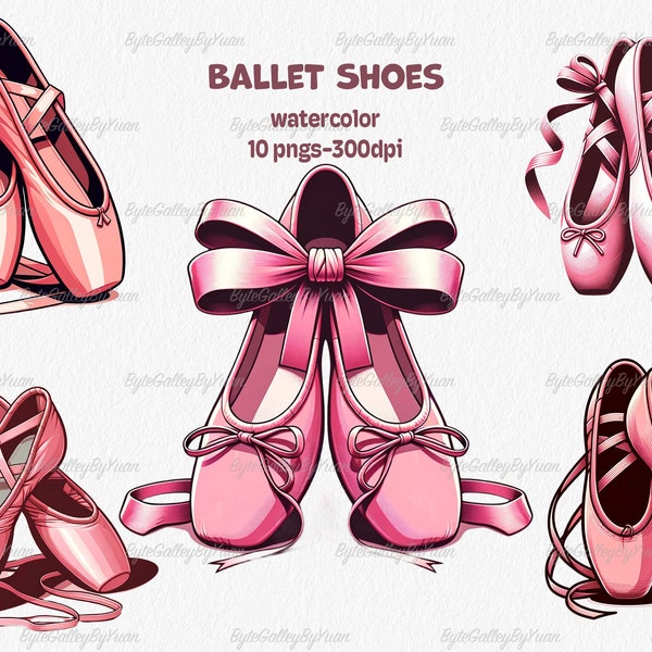 Watercolor Pink Ballet Shoes Clipart, 10 high quality png, Ballerina clipart, Ballerina png, Ballet Slipper PNG, Commercial Use, Ballet Flat