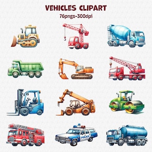 Clipart de veículos em aquarela - Transporte em aquarela png Download - Download instantâneo - Escavadeira - Caminhão de cimento - Escavadeira - Caminhão basculante
