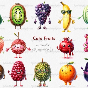 Imágenes Prediseñadas de frutas lindas, frutas PNG, frutas tropicales de acuarela, PNG para niños, libro para niños, bayas Kawaii, frutas de dibujos animados png, frutas caprichosas