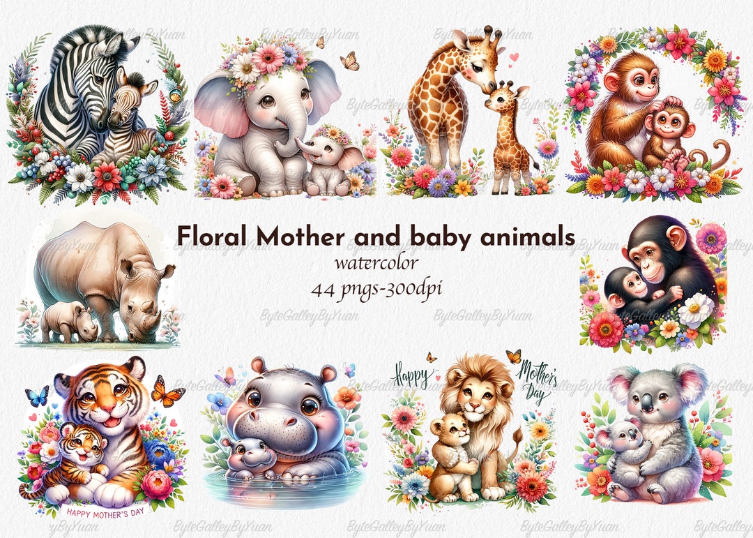 Watercolor Animals Clipart: Floral Mother & Baby PNG Bundle (44 Files ...