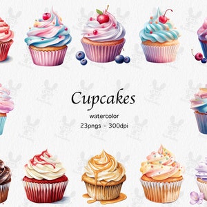 Clipart de cupcake aquarela | Clipart de cozimento | Sobremesa Clipart | Clipart de comida | Clipart de doces | Clipart de aniversário | Download instantâneo | png