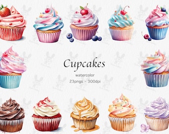Watercolor Cupcake Clipart: 23 PNG Dessert Illustrations (Instant Download)