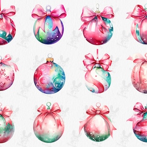 Aquarel kerst ornamenten clipart, 60 PNGs, kerstbal illustraties, vakantie traditie graphics, december, winter, bol ornamenten