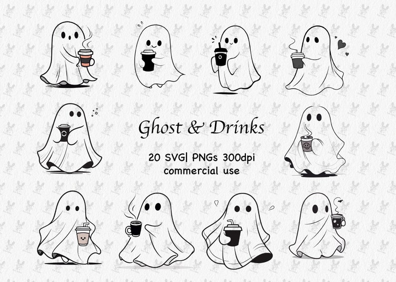 May include: A set of 20 black and white illustrations of ghosts holding various drinks, including coffee, tea, and soda. The illustrations are in a cartoon style and are perfect for Halloween or spooky-themed projects.