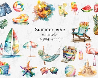 Watercolor Summer Clipart Bundle: Beach Vacation PNG (Commercial Use)