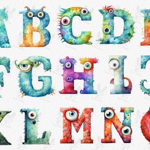 Alfabeto mostro acquerello, lettere Png, alfabeto Png, adesivo alfabeto, lettere decorative, sublimazione dell'alfabeto, clipart di lettere, scuola materna