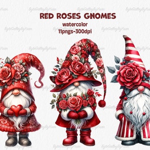 Rose gnome PNG clipart. Valentine&#39;s Day gnome cute watercolor clipart, hand drawn gnomes, gnomes sublimate designs download, commercial use