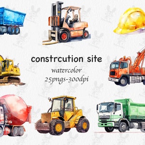 Aquarelle Construction Clipart - Téléchargement de véhicules de construction - Téléchargement instantané - Bulldozer - Camion de ciment - Excavatrice - Camion à benne basculante