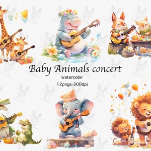 Baby dieren spelen gitaar clipart, gitaar clipart, muziek clipart, Safari dieren clipart, dieren concert clipart, PNGs voor commercieel gebruik