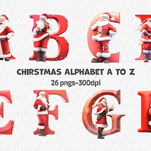 Aquarelle Alphabet de Noël, lettres Png, Alphabet Png, Père Noël png, Lettres décoratives, Sublimation de l'alphabet, Lettres de Noël